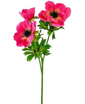 Die künstliche Blumenanemone verzweigt 56 cm rosa hat einen einzelnen grünen Stiel mit drei leuchtend rosa Anemonenblüten mit dunklem Herzen und zarten, aufgerauten Blütenblättern sowie grünen Blättern vor einem schlichten weißen Hintergrund.