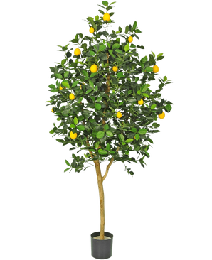 Der künstliche Zitronenbaum 150 cm hat einen braunen Stamm, grüne Blätter und mehrere gelbe Zitronen in einem Topf vor einem schlichten weißen Hintergrund.