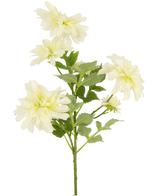 Eine 60 cm hohe künstliche Dahlie mit mehreren hellgelben Dahlienblüten und grünen Blättern vor einem schlichten weißen Hintergrund.