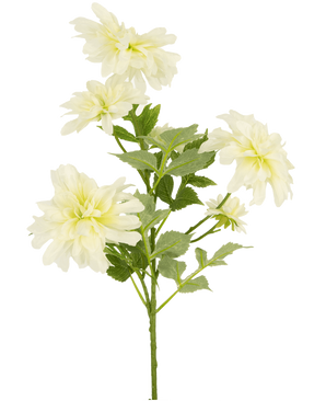 Eine 60 cm hohe künstliche Dahlie mit mehreren hellgelben Dahlienblüten und grünen Blättern vor einem schlichten weißen Hintergrund.