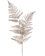 Ein einzelner künstlicher Spargelzweig 125 cm silber, mit hellbraunen, getrockneten, farnartigen Stielen mit feinen, federleichten Blättern, vor einem schlichten weißen Hintergrund.