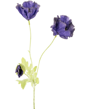 Die künstliche Blumenmohnblume 73 cm hat drei zarte lila Blüten – zwei offen, eine teilweise geschlossen – mit hellgrünen Stielen und Blättern, vor einem schlichten weißen Hintergrund.
