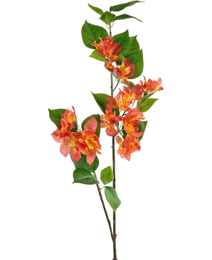 Der künstliche Zweig Bougainvillea 81 cm Pfirsich hat einen einzelnen Stiel mit Büscheln pfirsichoranger und gelber Blüten, ergänzt durch grüne Blätter, vor einem weißen Hintergrund.