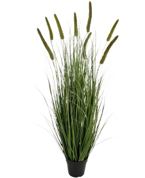 Der feuerhemmende Kunstrasen-Rohrkolben-Zwiebelgras-Topf 120 cm ist ein Ziergras in einem Topf mit langen, dünnen grünen Halmen und mehreren hohen, aufrechten Samenköpfen vor einem schlichten weißen Hintergrund.