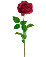 Die künstliche Rose Real Touch 53 cm rot ist eine einzelne künstliche Rose mit einem langen grünen Stiel und mehreren Blättern, isoliert auf weißem Hintergrund.