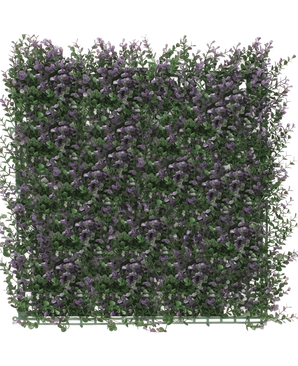 Die künstliche Buchsbaumhecke Lila 50x50 cm UV ist eine dichte, quadratische Platte aus künstlichem Grün mit kleinen lila Blüten, die eine üppige vertikale Gartenmatte schafft, die sich perfekt zum Aufhellen eines weißen Hintergrunds eignet.