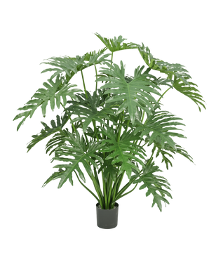 Een Kunstplant Philodendron 125 cm met grote, groene, diep gespleten bladeren tegen een witte achtergrond.
