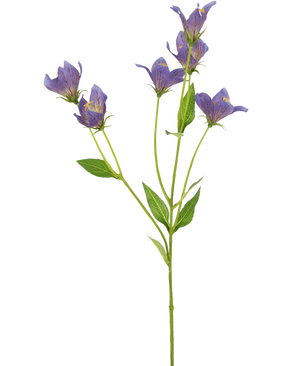 Die künstliche Glockenblume 62 cm lila hat einen einzelnen grünen Stiel mit mehreren Zweigen, die jeweils mit zarten lila Blüten und grünen Blättern verziert sind, vor einem schlichten weißen Hintergrund.