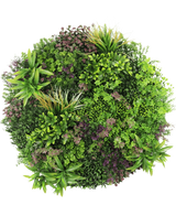 Eine Draufsicht auf die künstliche Hecke auf schwarzem Rahmen Ø100 cm zeigt eine üppige, dichte Darstellung grüner und violetter Blattpflanzen, die in einem kreisförmigen Muster auf weißem Hintergrund angeordnet sind.