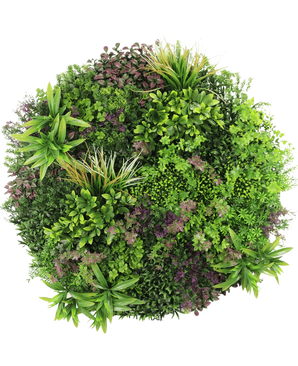Eine Draufsicht auf die künstliche Hecke auf schwarzem Rahmen Ø100 cm zeigt eine üppige, dichte Darstellung grüner und violetter Blattpflanzen, die in einem kreisförmigen Muster auf weißem Hintergrund angeordnet sind.