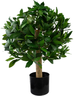 Die künstliche Lorbeer-UV-Pflanze d40 cm ist ein kleiner künstlicher Baum mit dichten grünen Blättern in einem schwarzen Topf, dargestellt vor einem schlichten weißen Hintergrund.