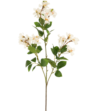 Die künstliche Blume Lagerstroemia 92 cm weiß hat einen hohen Stiel mit Büscheln kleiner weißer Blüten und grüner Blätter, perfekt, um jedem Raum dauerhafte Schönheit zu verleihen. Ideal als auffällige Kunstpflanze vor einem schlichten weißen Hintergrund.