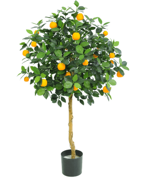 Der künstliche Orangenbaum 120 cm von Easyplants hat üppige grüne Blätter und viele leuchtend orangefarbene Früchte, die in einem Topf vor einem schlichten weißen Hintergrund präsentiert werden.