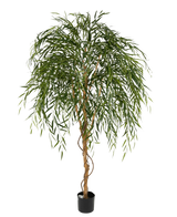 Der künstliche Weidenbaum 210 cm ist ein hoher Kunstbaum mit schlanken, hängenden grünen Blättern und einem gedrehten braunen Stamm vor einem schlichten weißen Hintergrund.