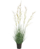Die feuerhemmende Kunstrasenpflanze Weizen 90 cm hebt sich mit ihren schlanken grünen Blättern und den langen gelblichen Blütenrispen wunderschön von einem weißen Hintergrund ab – ideal unter den Kunstpflanzen für Haus und Garten.