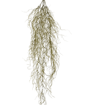 De Kunst hangplant Sudo 110 cm heeft dunne, lange, gekrulde gedroogde takken die naar beneden hangen tegen een effen witte achtergrond. Het voegt sfeer en gezelligheid toe als een unieke kunst hangplant aan je ruimte.