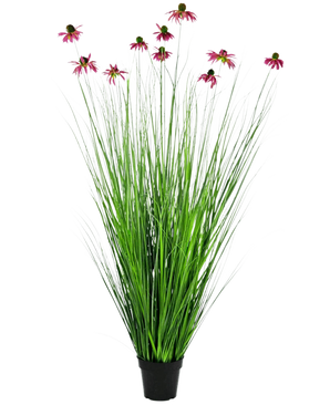 Die feuerhemmende Kunstrasenpflanze Chrysantheme 150 cm hat lange, dünne grüne, grasähnliche Blätter und lange Stängel mit rosa, gänseblümchenähnlichen Blüten, präsentiert in einem Topf vor einem schlichten weißen Hintergrund.