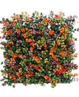 Die künstliche Hecke Pachysandra mehrfarbig 50 x 50 cm UV ist eine quadratische Platte mit dichten künstlichen grünen Blättern und kleinen orangefarbenen, rosa, gelben und violetten Blüten für einen farbenfrohen, lebendigen vertikalen Garteneffekt.