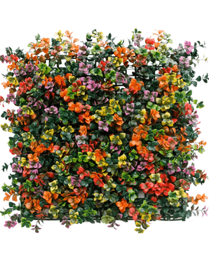 Die künstliche Hecke Pachysandra mehrfarbig 50 x 50 cm UV ist eine quadratische Platte mit dichten künstlichen grünen Blättern und kleinen orangefarbenen, rosa, gelben und violetten Blüten für einen farbenfrohen, lebendigen vertikalen Garteneffekt.