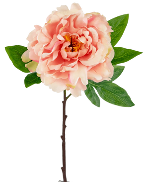 Die künstliche Pfingstrose 61 cm zartrosa ist eine rosafarbene künstliche Pfingstrose mit geschichteten Blütenblättern und einem gelben Herzen auf einem Stiel mit grünen Blättern vor einem weißen Hintergrund.