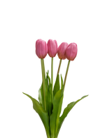 Der künstliche Tulpenstrauß Real Touch Purple 40 cm besteht aus vier lila Tulpen mit realistischen grünen Blättern und Stielen, die aufrecht vor einem schlichten weißen Hintergrund stehen.