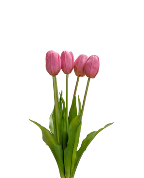 Der künstliche Tulpenstrauß Real Touch Purple 40 cm besteht aus vier lila Tulpen mit realistischen grünen Blättern und Stielen, die aufrecht vor einem schlichten weißen Hintergrund stehen.