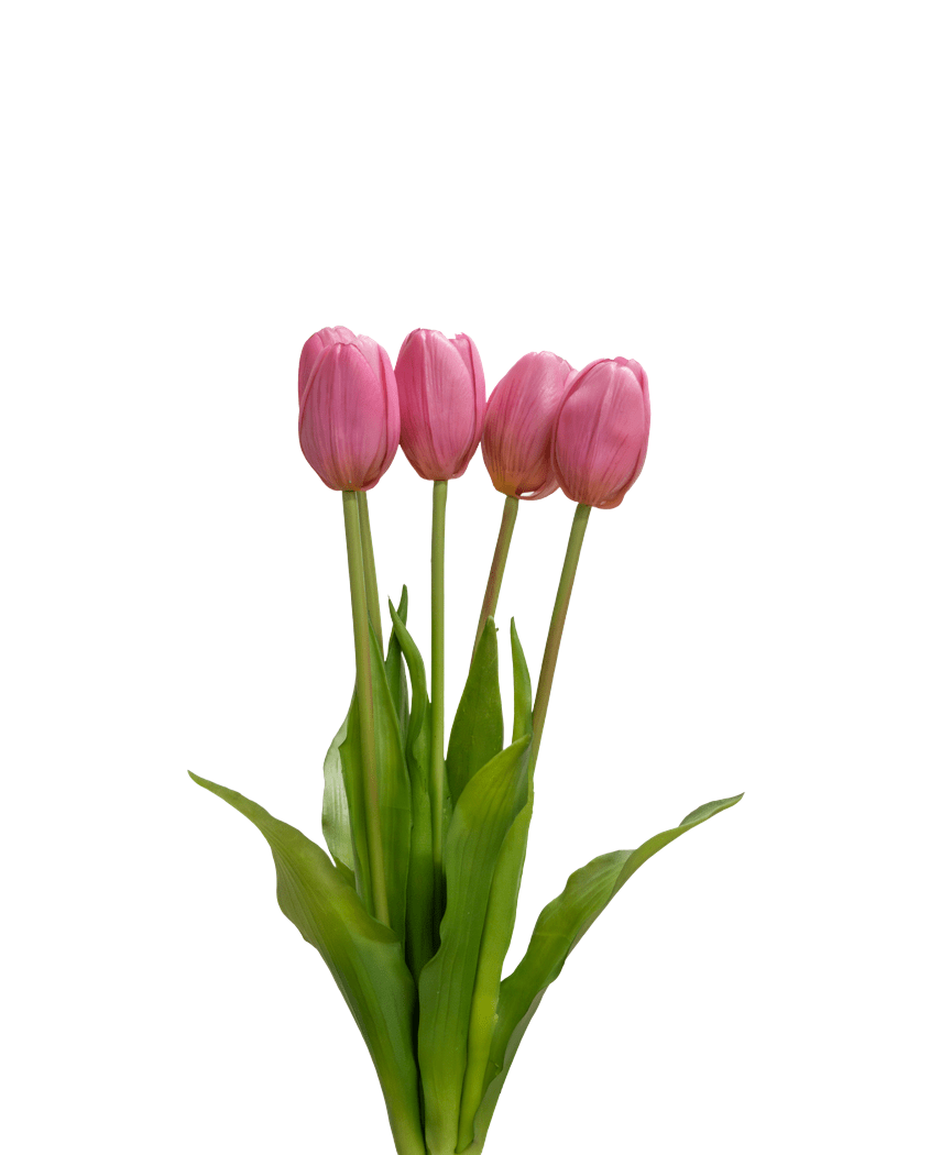 Der künstliche Tulpenstrauß Real Touch Purple 40 cm besteht aus vier lila Tulpen mit realistischen grünen Blättern und Stielen, die aufrecht vor einem schlichten weißen Hintergrund stehen.