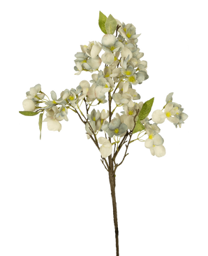 Die künstliche Blumenblüte 64 cm blau ist ein einzelner künstlicher Blumenzweig mit mehreren Stielen mit Büscheln kleiner blauer Blüten und grüner Blätter vor einem schlichten weißen Hintergrund.