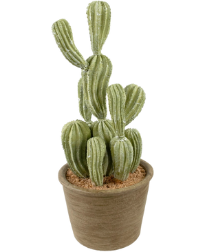 Der künstliche Kaktus Cereus 35 cm hat grüne, gerippte aufrechte Stängel in einem Topf mit brauner Struktur und hellbrauner Erde, vor einem schlichten weißen Hintergrund.
