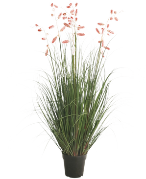 Die feuerhemmende Kunstrasenpflanze Centipede Grass 120 cm hat lange grüne Halme und lange, schlanke Stängel mit rosafarbenen Federn, die vor einem weißen Hintergrund präsentiert werden.