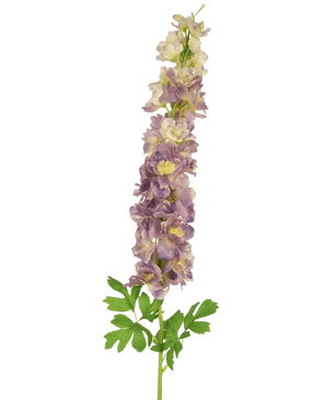 Die künstliche Blume Delphinium 105 cm lila ist ein künstlicher Stiel aus hellvioletten und cremefarbenen Delphiniumblüten mit grünen Blättern vor einem weißen Hintergrund.