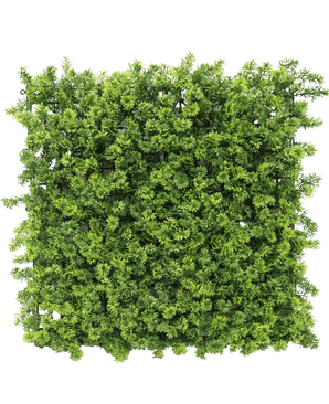 Das künstliche Heckenmoos 50x50 cm UV ist eine dichte quadratische Platte aus künstlichem grünem Laub mit kleinen Blattzweigen, dargestellt von oben auf weißem Hintergrund.
