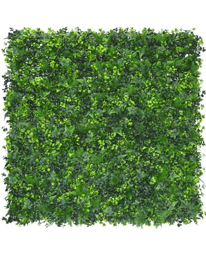 Die UV-feuerhemmende Kunstheckenmischung 50x50 cm besteht aus einer quadratischen Platte mit dichten, gemischten grünen Kunstblättern, die einem üppigen vertikalen Garten ähneln. Es ist UV-beständig und feuerhemmend für den langfristigen Einsatz im Freien.