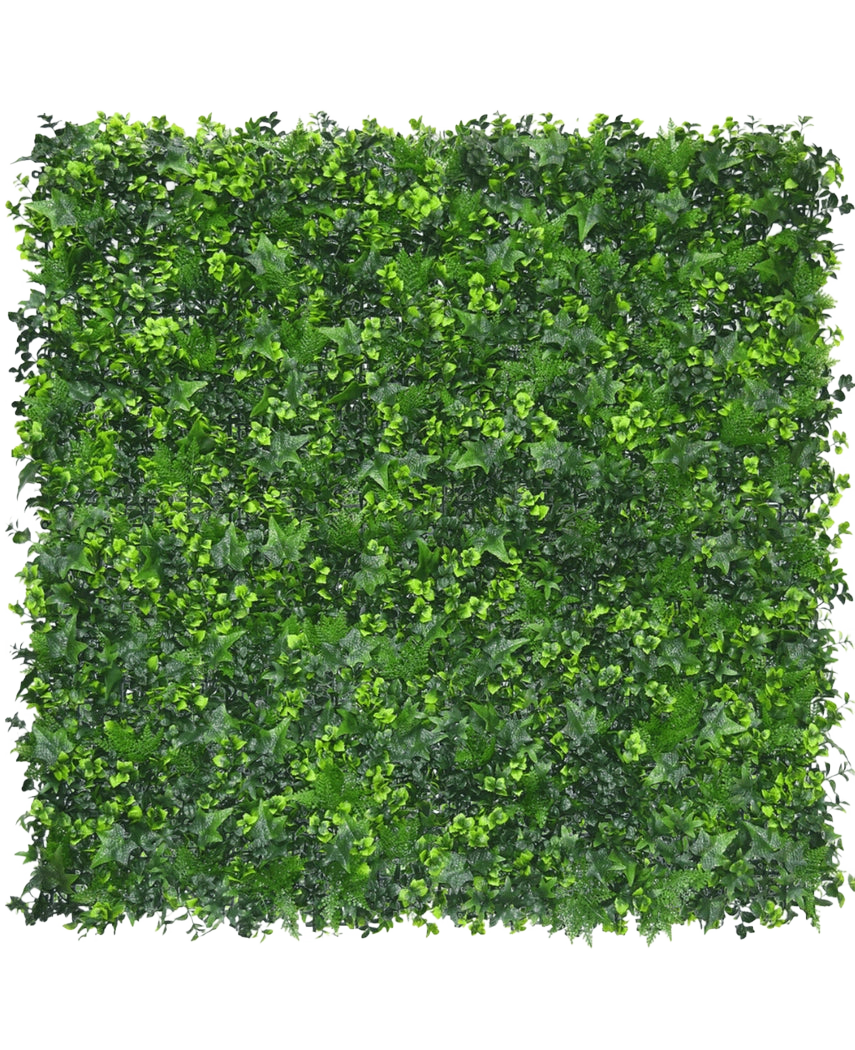 Die UV-feuerhemmende Kunsthecke Matt Mix 50x50 cm ist eine quadratische Platte mit dichten, gemischten grünen Kunstblättern, die einem üppigen vertikalen Garten ähneln. Es ist UV-beständig und feuerhemmend für den langfristigen Einsatz im Außenbereich.
