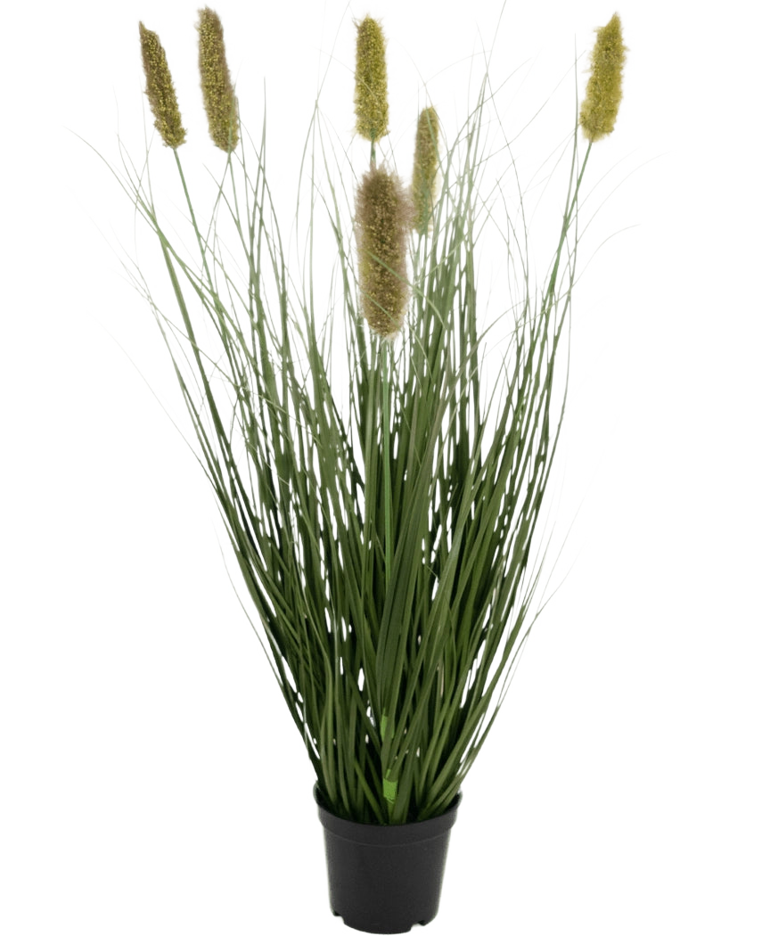 Der feuerhemmende Kunstrasen-Matsutake-Zwiebelgrastopf (61 cm) hat lange, dünne, grüne, grasähnliche Blätter und gelbliche, flauschige, zylindrische Federn in einem schwarzen Topf, die vor einem weißen Hintergrund an Kunstrasen erinnern.